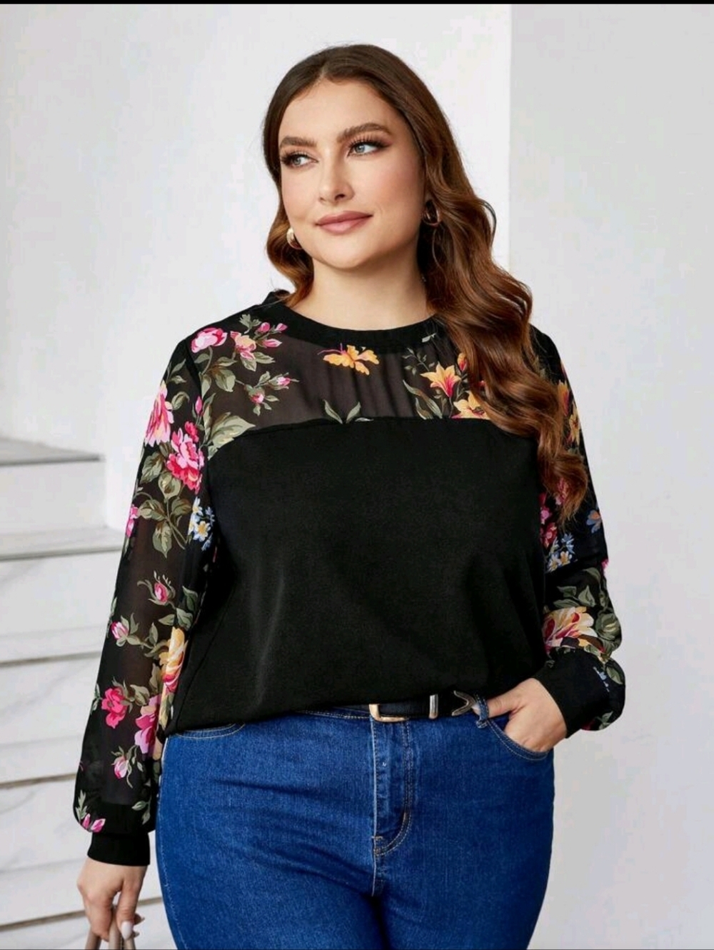 SHEIN Black Floral Mixed-Media Crewneck Sweatshirt